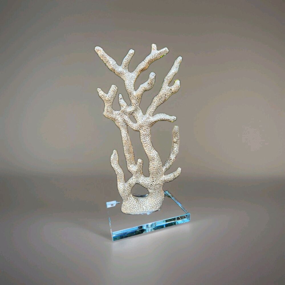 Coastal Beach Faux Coral Sculpture 14" Tall Silver Metal Glass Base Home Decor *